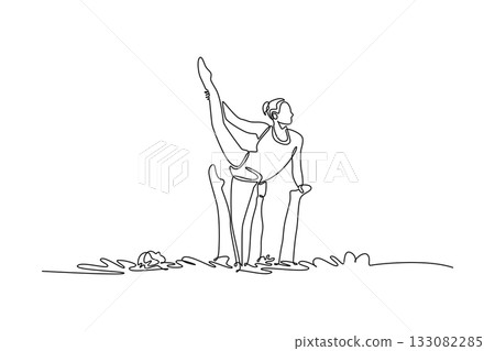 Continuous one line drawing three active women are performing synchronized partner lift in the water, with one balanced upright and extending a leg. Single line draw design vector graphic illustration Continuous one line drawing three active women are performing synchronized partner lift in the water, with one balanced upright and extending a leg. Single line draw design vector graphic illustration 133082285
