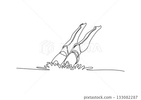 Continuous one line drawing two women's legs are perfectly synchronized as they execute vertical descent into water. Fluid motion of aquatic sport. Single line draw design vector graphic illustration 133082287