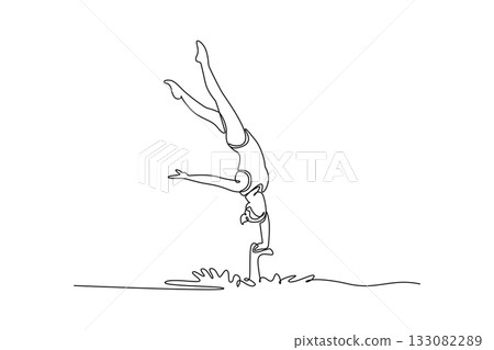 Continuous one line drawing woman is performing a vertical handstand in the water. The complex balance and graceful inversion of artistic swimming. Single line draw design vector graphic illustration 133082289