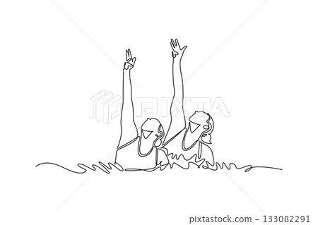 Continuous one line drawing two women are performing synchronized arm extensions above water's surface. Precision and fluid motion of aquatic sport. Single line draw design vector graphic illustration Continuous one line drawing two women are performing synchronized arm extensions above water's surface. Precision and fluid motion of aquatic sport. Single line draw design vector graphic illustration 133082291