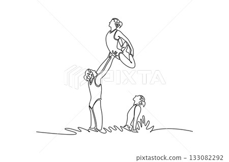 Single continuous line drawing three women are performing synchronized partner lift in water, with one launched airborne above others in curled pose. One line draw graphic design vector illustration Single continuous line drawing three women are performing synchronized partner lift in water, with one launched airborne above others in curled pose. One line draw graphic design vector illustration 133082292