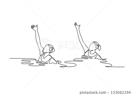 Single continuous line drawing two women are performing synchronized arm extensions above water surface. Precision and fluid motion of aquatic sport. One line draw graphic design vector illustration Single continuous line drawing two women are performing synchronized arm extensions above water surface. Precision and fluid motion of aquatic sport. One line draw graphic design vector illustration 133082294
