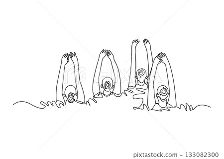 Single one line drawing four women are performing synchronized sculling drill in water, with their arms raised above surface. Grace, precision. continuous line draw design graphic vector illustration Single one line drawing four women are performing synchronized sculling drill in water, with their arms raised above surface. Grace, precision. continuous line draw design graphic vector illustration 133082300