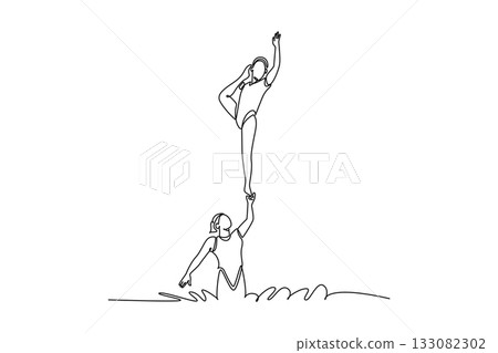 Single one line drawing two women are performing a synchronized partner lift in the water, with one balanced vertical on the hand of the other. Continuous line draw design graphic vector illustration 133082302