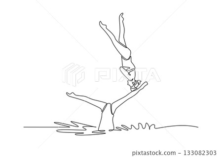 Single one line drawing two creative women are performing synchronized, upside-down vertical pose with one supporting the other in water. Modern continuous line draw design graphic vector illustration 133082303