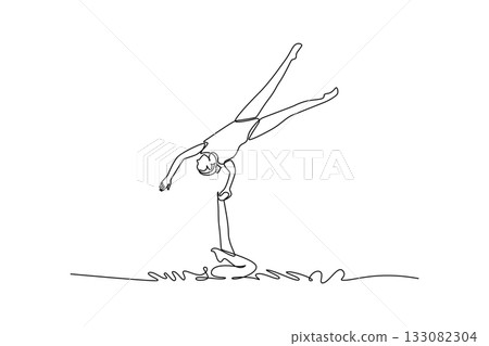 Single one line drawing two active women are performing synchronized vertical lift. Complex balance and fluid grace of artistic swimming. Modern continuous line draw design graphic vector illustration 133082304