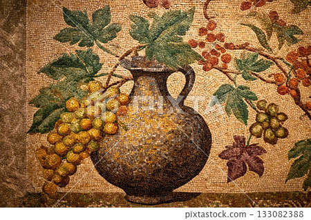 Mosaic Art Featuring an Amphora With Vibrant Grapes in Ancient Rome Generative AI Mosaic Art Featuring an Amphora With Vibrant Grapes in Ancient Rome Generative AI 133082388