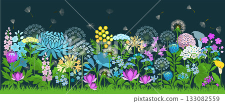 Different flowers horizontal grass on a dark background. Hand drawn. Not AI, vector illustration Different flowers horizontal grass on a dark background. Hand drawn. Not AI, vector illustration 133082559