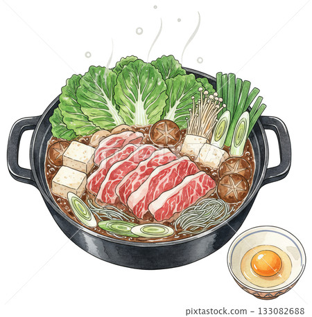 壽喜燒陶罐和生雞蛋的插圖 133082688