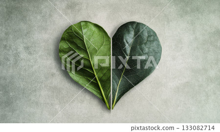 Heart-Shaped Leaves with Contrast on Soft Green Background 133082714
