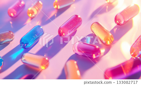 Vibrant Capsules and Soft Gel Pills in Colorful Light 133082717