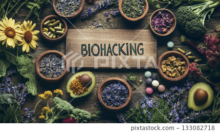 Biohacking Concept with Herbal Ingredients on Wooden Board 133082718