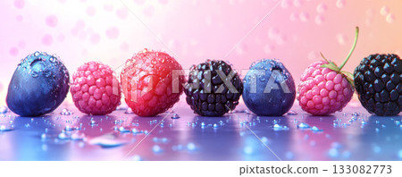 Fresh Mixed Berries with Water Droplets on Reflective Surface 133082773