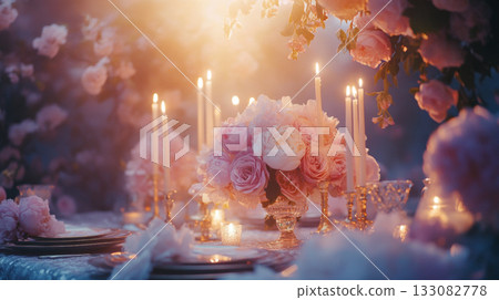 Elegant Candlelit Table Settings with Floral Arrangements 133082778