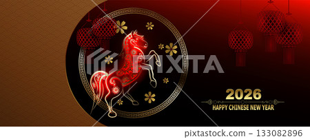 Happy Chinese New Year 2026. A card with the Fire Horse zodiac sign in a round frame 133082896