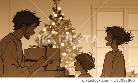 A happy Christmas for close parents and children (simple colors) 133082960