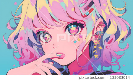 可愛女孩臉部的流行多彩特寫，動漫風格插畫（AI生成圖像） 133083014