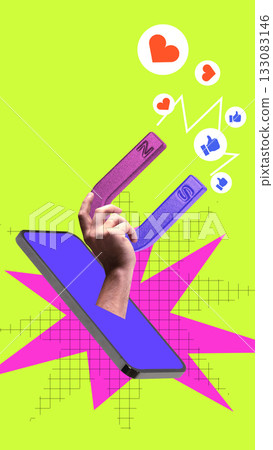 Energetic collage. Hand reaching magnet out of smartphone pulling likes icons. 133083146