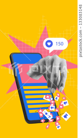 Vivid poster. Hand reaching from phone screen scattering likes and icons out. Vivid poster. Hand reaching from phone screen scattering likes and icons out. 133083148
