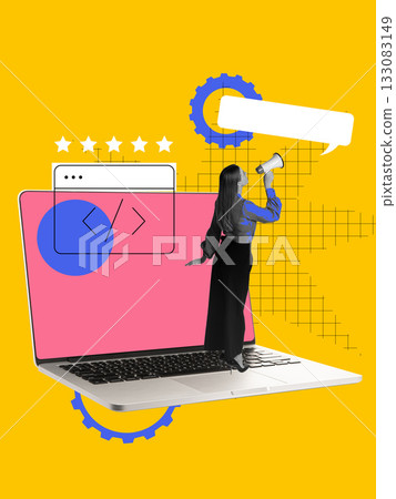 Colorful composition. Woman standing on laptop with code window, stars, shouting speech bubble out of megaphone. 133083149