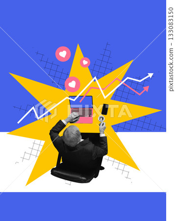 Expressive collage. Man at desk with charts rising from screen and hearts above. 133083150