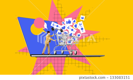 Bold artwork. Man pushing cart filled with likes and icons on laptop. 133083151