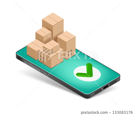 Cardboard boxes stacked on a smartphone screen. 133083176