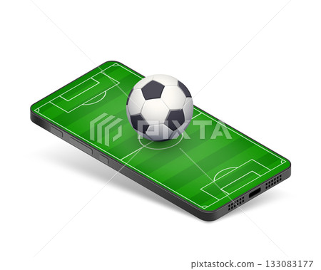 Football field with a ball on a smartphone screen 133083177