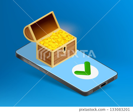 Treasure box with gold coins on the smartphone Treasure box with gold coins on the smartphone 133083201