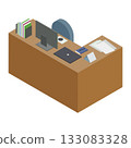 Isometric material of an L-shaped work desk and computer 133083328