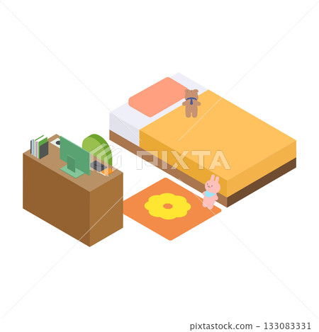 Isometric material of a junior high and high school girl's room (single bed and desk) 133083331