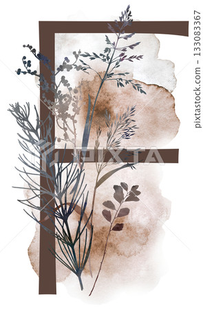 Capital letter F with watercolor autumn leaves and grass in earth tones, winter wedding illustration 133083367