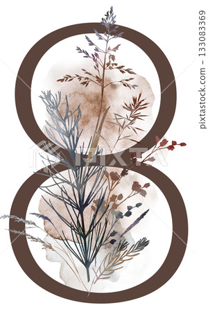 Number 8 with watercolor autumn leaves and grass in borwn tones, winter wedding illustration Number 8 with watercolor autumn leaves and grass in borwn tones, winter wedding illustration 133083369