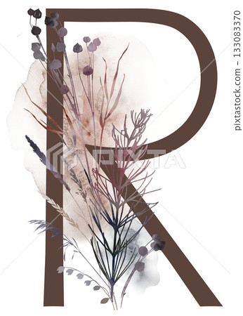 Capital letter R with watercolor autumn leaves and grass in earth tones, winter wedding illustration 133083370
