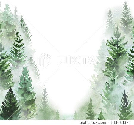 Hand drawn watercolor green spruce or pine tree misty forest, winter isolated illustration, copy space 133083381