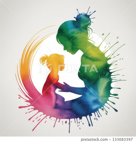 Colorful Watercolor Splashes Create a Silhouette of a Mother and Child Bond in Abstract Artistic Representation Colorful Watercolor Splashes Create a Silhouette of a Mother and Child Bond in Abstract Artistic Representation 133083397
