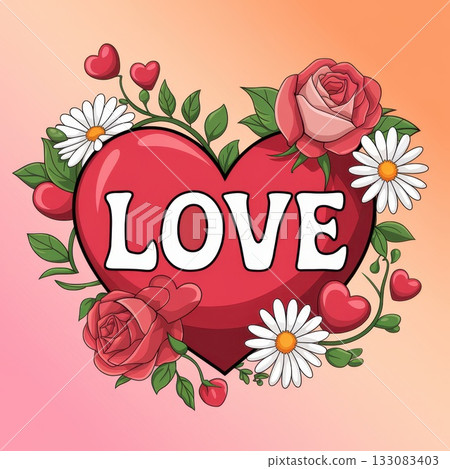 Heart Design Featuring Love Text Surrounded by Roses and Daisies in Vibrant Colors 133083403