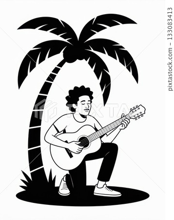 Man Plays Guitar Under a Palm Tree in a Tropical Setting During the Day 133083413