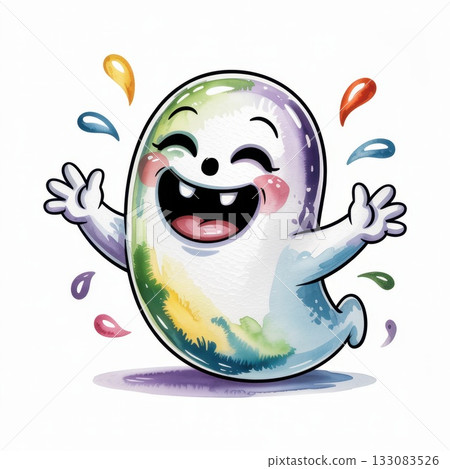 Sweet and Cheerful Watercolor Illustration of a Smiling Ghost With Colorful Splashes All Around 133083526
