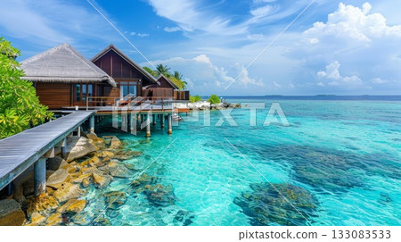 Tropical overwater bungalows with wooden walkway over clear sea. Sunny beach resort with blue water and sky under white clouds. 133083533