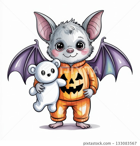 Charming Bat Character in a Pumpkin Costume Holding a Cute Teddy Bear 133083567