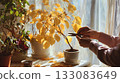 Trimming yellow leaves of potted plant near sunny window. Autumn cozy home garden. Seasonal plant care, pruning and indoor greenery maintenance concept 133083649