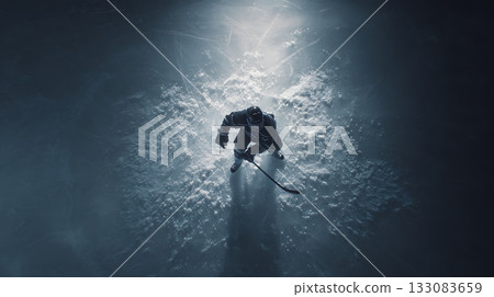 Dynamic hockey athlete surrounded by flying ice particles. Strong cinematic lighting emphasizes motion, intensity and adrenaline of game 133083659