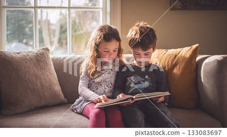 Two children reading book on beige sofa near bright window. Friendship, curiosity and joy of early education Two children reading book on beige sofa near bright window. Friendship, curiosity and joy of early education 133083697