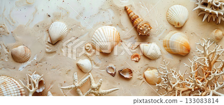Seashells and coral on sandy beach background Seashells and coral on sandy beach background 133083814