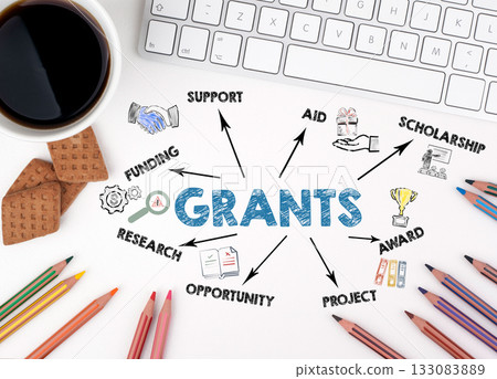 Grants Concept. Chart with keywords and icons. White office desk 133083889