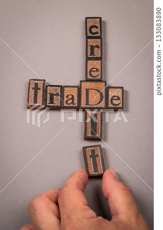 Concept of Trade and Credit with Wooden Letter Blocks on Gray Background 133083890