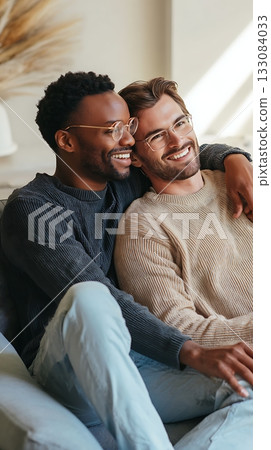 Loving partners relaxing at home, sitting side by side and smiling gently. Peaceful bond, connection and domestic intimacy 133084033