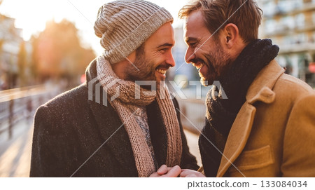 Stylish gay couple walking on sunny day, smiling at each other with affection. Togetherness, romance and LGBTQ+ representation of love and happiness 133084034