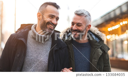 Happy gay couple dressed for winter smiling warmly while standing close. Tenderness, love and LGBTQ+ connection in cozy seasonal atmosphere 133084035